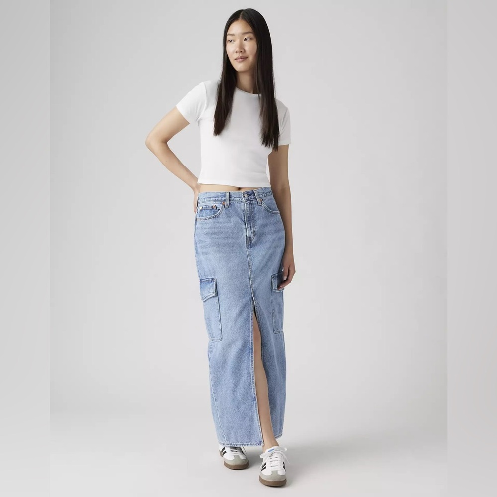 Light Blue Denim Cargo Maxi Skirt with Front Slit